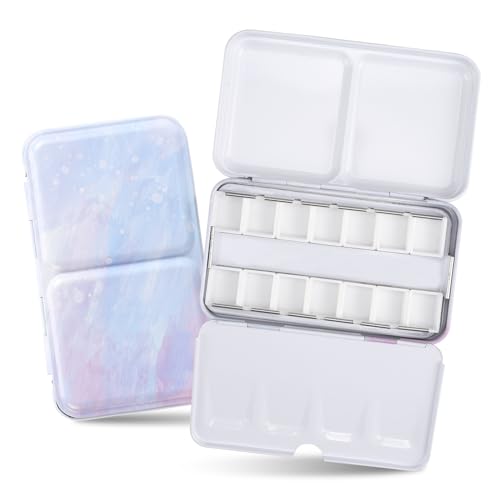 HAUSTG0 Metal Watercolor Palette - Empty Tin with Paint Tray and 14 Half Pans - Travel Palette with Lid - style: Illusionary Water