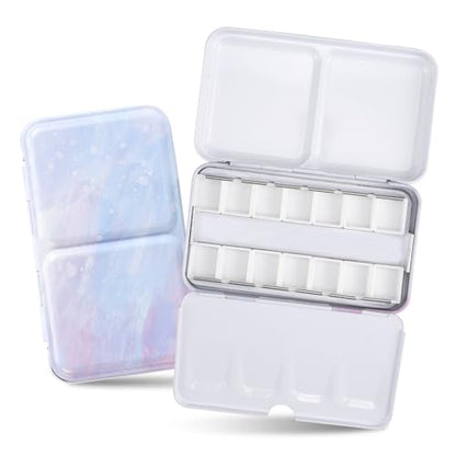HAUSTG0 Metal Watercolor Palette - Empty Tin with Paint Tray and 14 Half Pans - Travel Palette with Lid - style: Illusionary Water