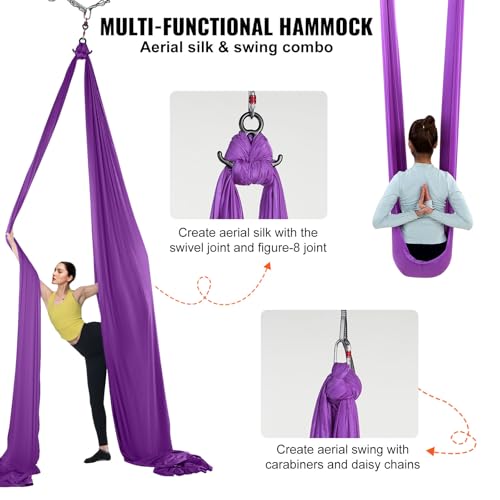 Happybuy Aerial Silk & Yoga Swing, 8.7 Yards, Aerial Yoga Hammock Kit, 100gsm Nylon Fabric, Full Rigging Hardware, Purple, Antigravity Flying for All Levels