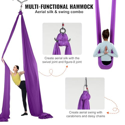 Happybuy Aerial Silk & Yoga Swing, 8.7 Yards, Aerial Yoga Hammock Kit, 100gsm Nylon Fabric, Full Rigging Hardware, Purple, Antigravity Flying for All Levels