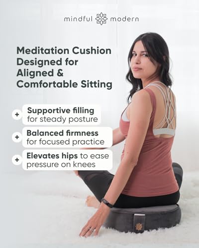 Mindful Modern Velvet Meditation Cushion | Luxe Zafu Yoga Floor Pillow Seat | Posture Support | Buckwheat Hull Filled | Large Round Cushion with Removable Washable Cover + Carry Handle - color: Graphite Grey