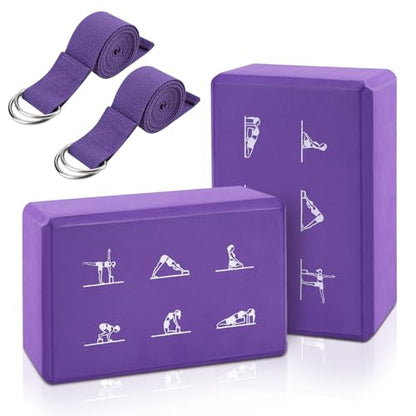 2 Yoga Block and 2 Yoga Strap Set,Non-slip EVA Foam Blocks, High Density Yoga Bricks with 6ft Strap, Supportive Latex-Free Yoga Block Accessories for Pilates - color: Purple