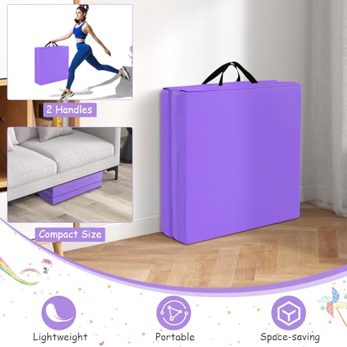 Giantex 6'x 2' Gymnastics Mat, 2" Thick Folding Tumbling Mat with Hook and Loop Fastener, Foldable Gym Mat with Carrying Handles, Cheer Mats for Kids Adults Home Exercise Aerobics Fitness - color: Purple