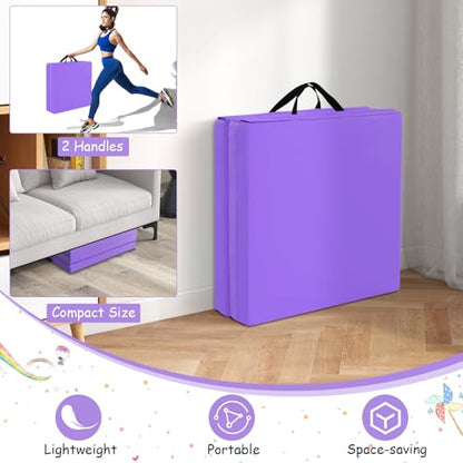 Giantex 6'x 2' Gymnastics Mat, 2" Thick Folding Tumbling Mat with Hook and Loop Fastener, Foldable Gym Mat with Carrying Handles, Cheer Mats for Kids Adults Home Exercise Aerobics Fitness - color: Purple