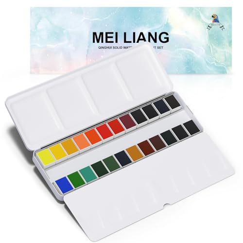 24 Colors Solid Watercolor Paint Set, Vibrant and Highly Pigmented Colors, Removable Pans and Built-in Palette, Portable Metal Case for Students, Beginners, and Outdoor Sketching - style: 24 Colors Watercolor