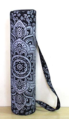 ICC Black Gold Mandala Full-Zip Exercise Yoga Mat Carry Bag Gym Beach Pilates Carrier Bags Hippie Mandala Indian Cotton Bag - style: Black Silver Flower