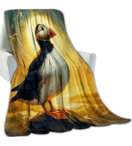 Sunset Birds Puffin Blanket Gifts for Adults Artist Men, Sun Setting Bright Nature Scene Bird on Rock Throw Blankets for Sofa Office Couch Room Decor, Cozy Lightweight Warm Soft Throws, 50x60 in - color: Puffin 01, size: 60x50in