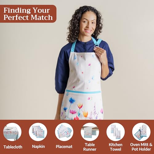 Maison d' Hermine Aprons for women with Pocket 100% Cotton (27.50"x31.50") | Adjustable Neck Strap & long ties Apron Men Chef Wedding Cooking Gardening Server Maid - color: 068 - Flower in the Field