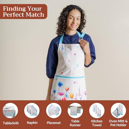 Maison d' Hermine Aprons for women with Pocket 100% Cotton (27.50"x31.50") | Adjustable Neck Strap & long ties Apron Men Chef Wedding Cooking Gardening Server Maid - color: 068 - Flower in the Field