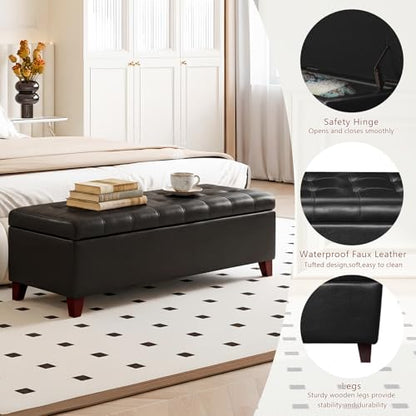 Joveco 51 Inch Storage Bench,Leather Tufted Storage Ottoman with Legs - color: 51", Pure Black