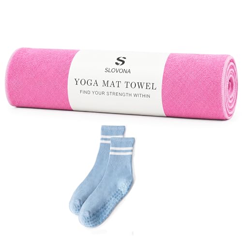 Upgraded Yoga Mat Towel with Bonus Grip Socks, Elegant Embroidered - color: Rose Pink