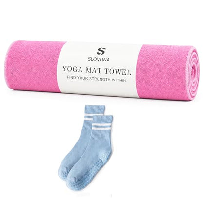 Upgraded Yoga Mat Towel with Bonus Grip Socks, Elegant Embroidered - color: Rose Pink