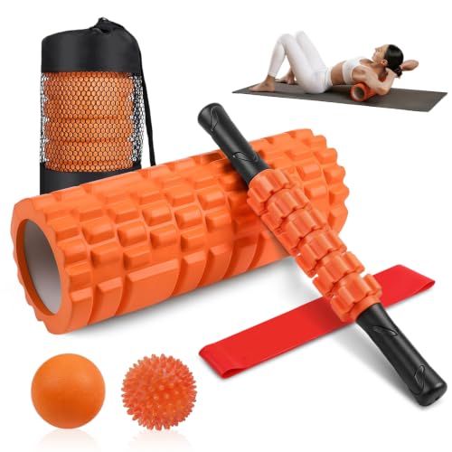 Aucuu 6 in 1 Foam Roller Set Includes Hollow Core Massage Roller, Yoga Stick, Massage Ball, Fitness Stretching Strap, Carrying Bag, Towel, Massage Roller (Orange) - color: Orange