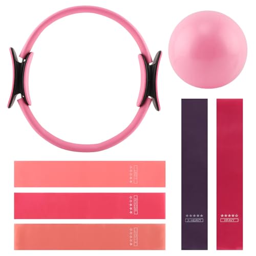 Pilates Ring and Ball Set with Resistance Bands, 14'' Circle Ring, 9.8” Pilates Ball and 5 Resistance Bands Home Workout Kit for Women Training Core, Full Body Exercise