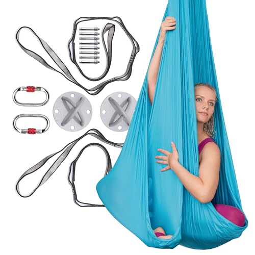 AyuHome Aerial Silks Yoga Swing Aerial Hammock Kit for Home | Premium aerial silks yoga swing kit with rigging hardware for aerial yoga, gymnastics, and home fitness - color: Aerial silk - Blue New