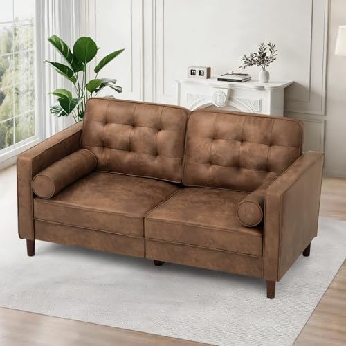 67" Suede Leather 2-seat Sofa with Two Bolster Pillows, Brown - color: Brown, size: 67" Loveseat