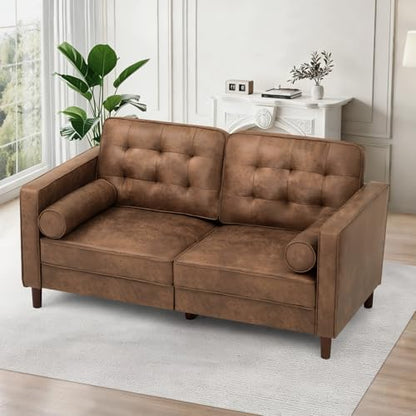 67" Suede Leather 2-seat Sofa with Two Bolster Pillows, Brown - color: Brown, size: 67" Loveseat