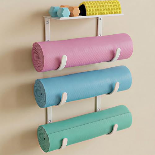 Yoga Mat Holder Wall Mount, No Tying, No Straps - color: 4-Tiers（with Floating Shelf）