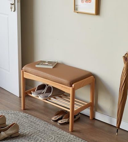Oak Wood Shoe Bench, 24 Inch Entryway Bench with Brown Leather Cushion - color: Natural + Brown Leather Cushion, size: 23.62"