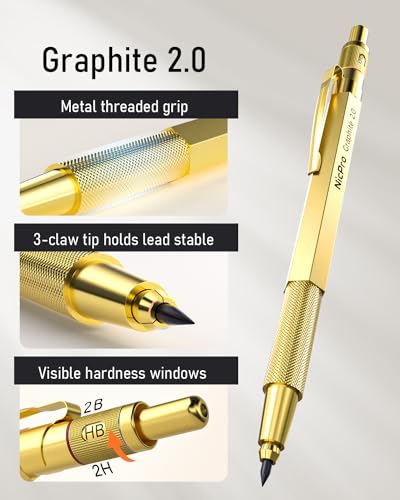 Nicpro 35PCS Gold Art Mechanical Pencils Set, 3 PCS Metal Drafting Pencil | 0.5 mm & 0.7 mm & 0.9 mm & 3 PCS 2mm Lead Holder (6B 4B 2B HB 2H 4H Colors) For Sketching Drawing With 20 Tube Lead Refills - color: Gold, style: 0.5 0.7 0.9 2.0