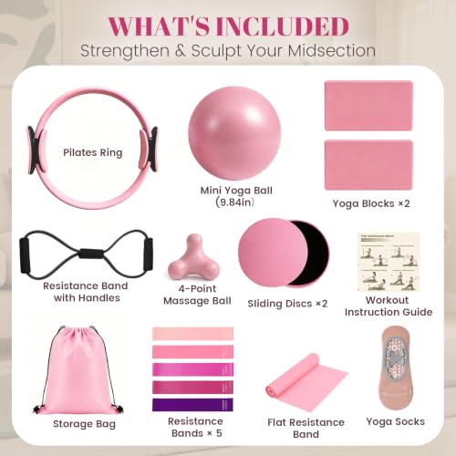Pilates Kit for Women, At Home Equipment Set for Full Body Workout - color: Pink