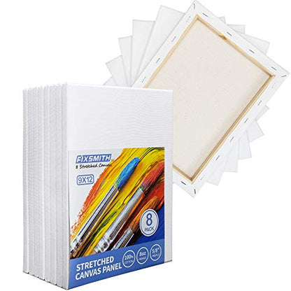 Stretched White Blank Canvas - 9x12 Inch, Bulk Pack of 8, Primed,100% Cotton, 5/8 Inch Profile of Super Value Pack for Acrylics,Oils & Other Painting Media. - size: 9"x12"
