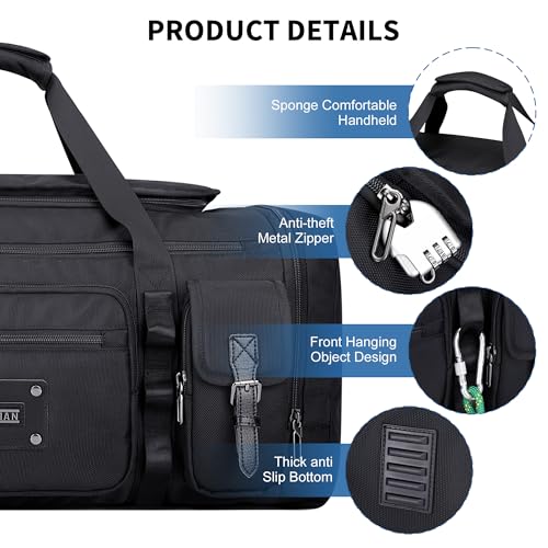 WITZMAN Duffle Bag for Men Large 55L Travel Duffel with Shoe Compartment | Water-resistant Nylon, Dry-wet Pocket, Fits 16" Laptop, Convertible for Gym, Weekender, Sports, Overnight, B717 Black - color: Black
