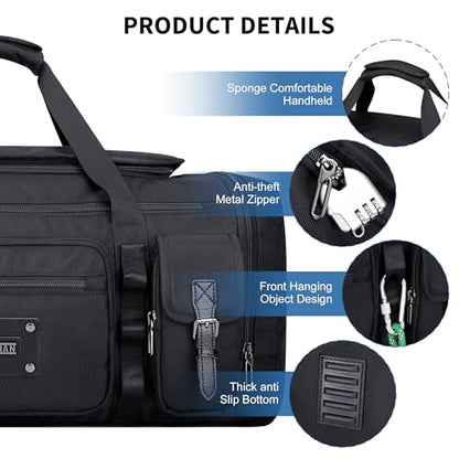 WITZMAN Duffle Bag for Men Large 55L Travel Duffel with Shoe Compartment | Water-resistant Nylon, Dry-wet Pocket, Fits 16" Laptop, Convertible for Gym, Weekender, Sports, Overnight, B717 Black - color: Black