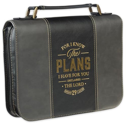 Christian Art Gifts Classic Vegan Leather Premium Inspirational Bible Cover for Men & Women: Know the Plans Encouraging Scripture Verse, Pen Loops, Ribbon Bookmark, Pockets, Charcoal/Black/Gold, Large - size: Large