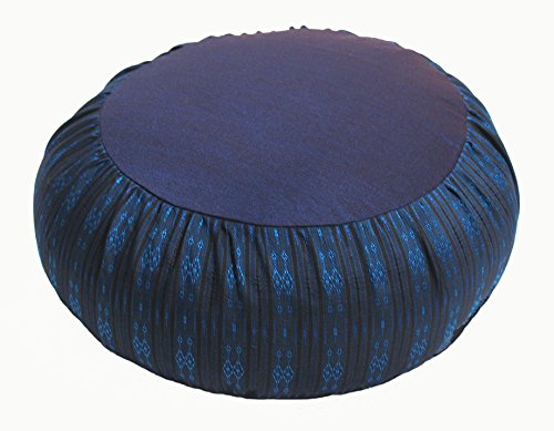 Meditation Cushion Zafu Pillow Buckwheat Fill - Global Weave and Ikat Fabric Blue - color: Blue
