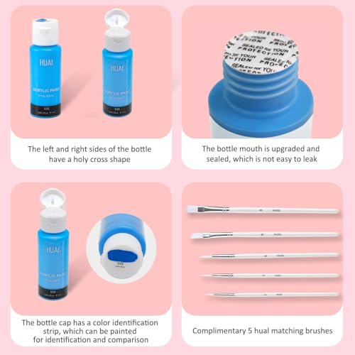 Acrylic Paint Set With 5 Brushes, 24 Colors (60ml, 2oz) for Artists Kids Beginners & Painters,Model/Canvas/Rock/Fabric/Glass/Stone/Ceramic/Wood Painting, Non Toxic - color: Clear Bottle