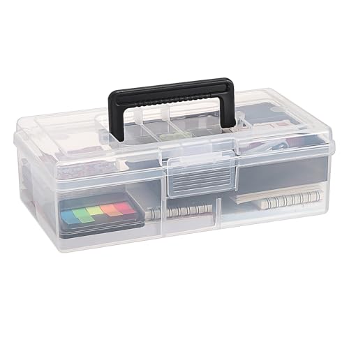 JUXYES Clear Art Craft Supply Storage Bin Sewing Box With Handle Lid | Clear Stackable Latching Craft Storage Bin for School Office, Organizing Stationery, Sewing, Art Craft, DIY Supplies - color: Black, size: 1 Pack