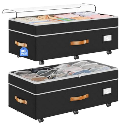 Budding Joy 80L 2 Pack Adjustable Under Bed Storage with Wheels - color: Black