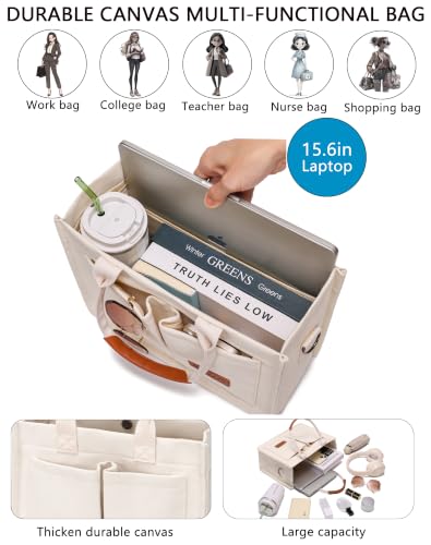 ZHMO Canvas Tote Bag for Women,Women's Bags Crossbody Bags Work Laptop Tote Bag Large Handbags Purse for Travel Nurse Teacher - color: Beige With Compartments