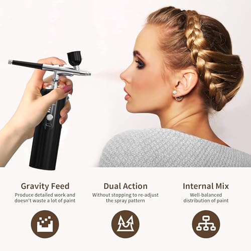 AirBrush Kit with Compressor dual-action airbrush Rechargeable Handheld Air brush for nails，Painting ，Makeup，Barber，Cake，Mode (Black)
