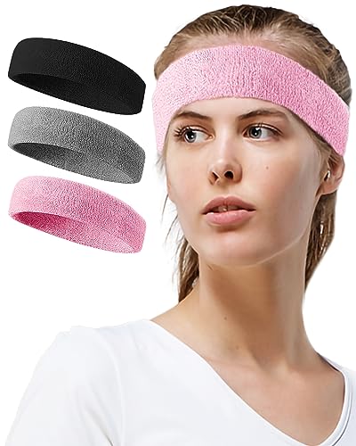 Tanluhu Sweatbands Sport Headbands for Working Out, Exercise, Tennis, Basketball, Running - Terry Cloth Athletic Sweat Cotton Headband Outdoor for Men & Women - color: Black/Gray/Pink