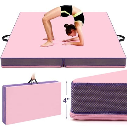 Nuanchu 4" Thickened Bi-fold Gymnastics Mat Crash Landing Pad | 4 x 4 ft Bifolding Gymnastics Mat with Carrying Handles for Tumbling, Yoga, Cheerleading, Stretching and Home Training