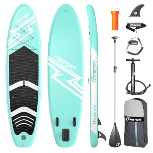 FBSPORT 11' Premium Stand Up Paddle Board, Yoga Board with SUP Accessories & Carry Bag | Wide Stance, Surf Control, Non-Slip Deck, Leash, Paddle and Pump for Youth & Adult - color: Mint Green