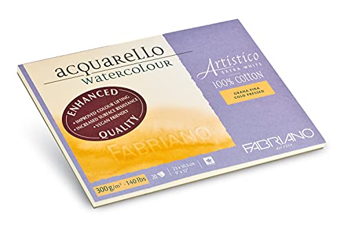 Fabriano Artistico Acquarello, Extra White, Fine Grain, Cold Pressed, 23 x 30.5 cm, 20 Sheets, 300 g/m², Artists' Watercolour Cardboard, Pad Glued on 4 Sides, 23 x 30,5 cm - size: 9x12