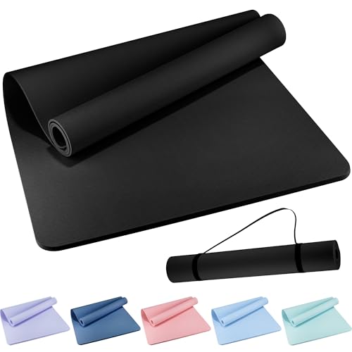 Extra Wide Yoga Mat 72" x 32", 6mm Non Slip TPE Exercise Mat with Carrying Strap, Large Workout Mat for Yoga, Pilates, Stretching, HIIT & Home Gym - color: black