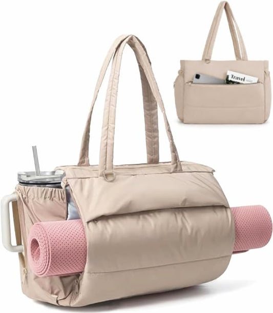 Gym bag with yoga mat holder Tote Bag for Women with cup holder travel - color: Camel