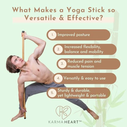 Natural Bamboo Yoga Stick (5ft): Stretch Bar with Super Sturdy Rubber Ends - Versatile Exercise Stick & Yoga Bar for Yoga, Stretching & Posture with Unlimited Access to Video Exercises