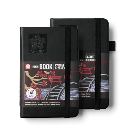 Sakura Sketchbook Pocket, Black Hardcover, Black Paper, 3.5 x 5.5, 2 Count | 160 Pages, Drawing Sketchbook for Visual Journaling, 140 GSM Paper, Ideal for Sketching, Illustration & Creative Expression
