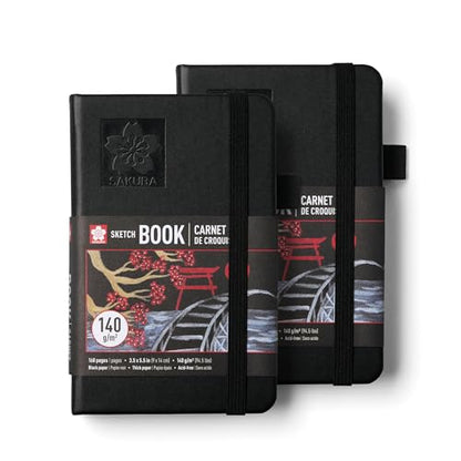 Sakura Sketchbook Pocket, Black Hardcover, Black Paper, 3.5 x 5.5, 2 Count | 160 Pages, Drawing Sketchbook for Visual Journaling, 140 GSM Paper, Ideal for Sketching, Illustration & Creative Expression