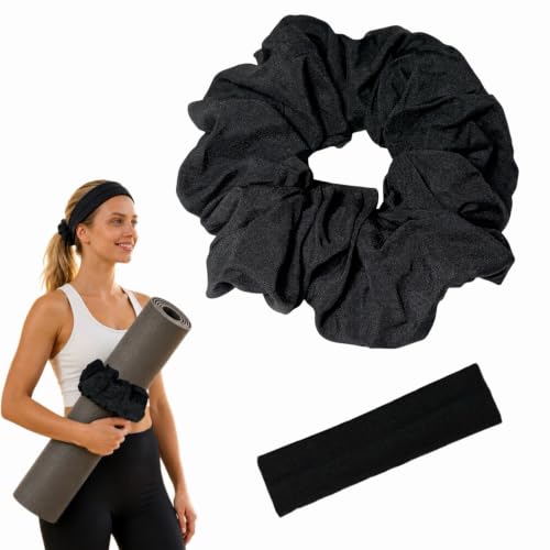 Yoga Mat Scrunchie - Elastic Mat Holder, Fits Standard Yoga Mats | Comes with matching Hair Band, stretchy reinforced stitching, compact for hot yoga, pilates & travel. Yoga mat not included. - color: BLACK