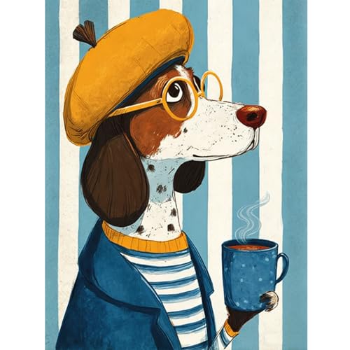 TOPCLTV Dog Drinking Coffee Diamond Art Kits for Adults Beginners, Funny Dog Diamond Painting Kit,DIY Full Round Drill 5D Adult Diamond Dots Gem Art for Home Wall Decor Dog Lovers Gift 12x16 Inch - color: HS033-1