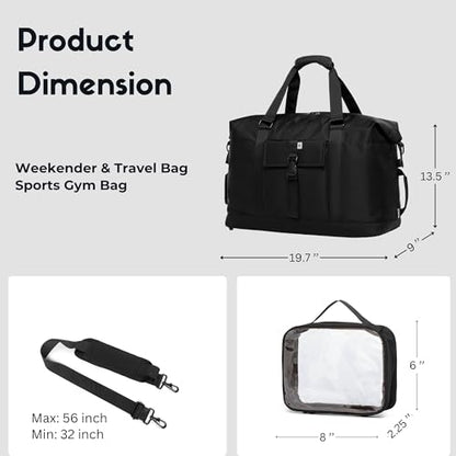 SUNNY BIRD Duffel with Utility Pouch, 40L Weekender Overnight Bag with Shoe Compartment for Travel and Sports (Black) - color: Black