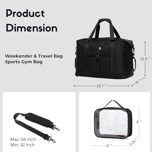 SUNNY BIRD Duffel with Utility Pouch, 40L Weekender Overnight Bag with Shoe Compartment for Travel and Sports (Black) - color: Black