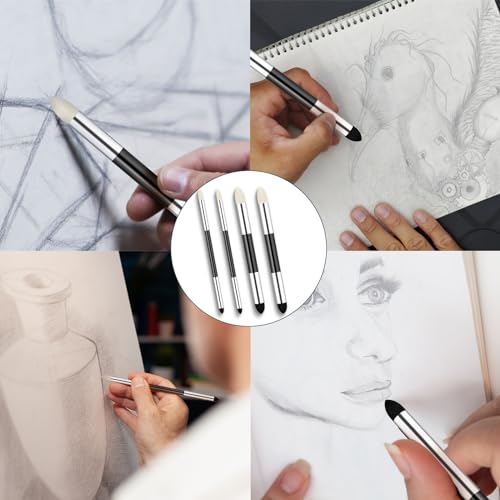 4pcs Artist Blending Sponge Pen Dual Tip Reusable Drawing Art Soft Oil Pastel Blending Tools Washable Sketch Rubbing Sponge Brush for Artist Professional Sketch Drawing Blending Lightening & Highlight