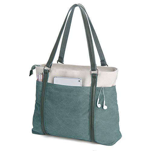 Laptop Tote Bag for Women, 15.6 Inch Work Bag with Laptop Compartment and Zipper, Canvas Computer Tote for Teacher - color: 초록색.